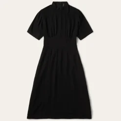Black Herringbone Twill Midi Dress