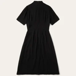 Black Herringbone Twill Midi Dress