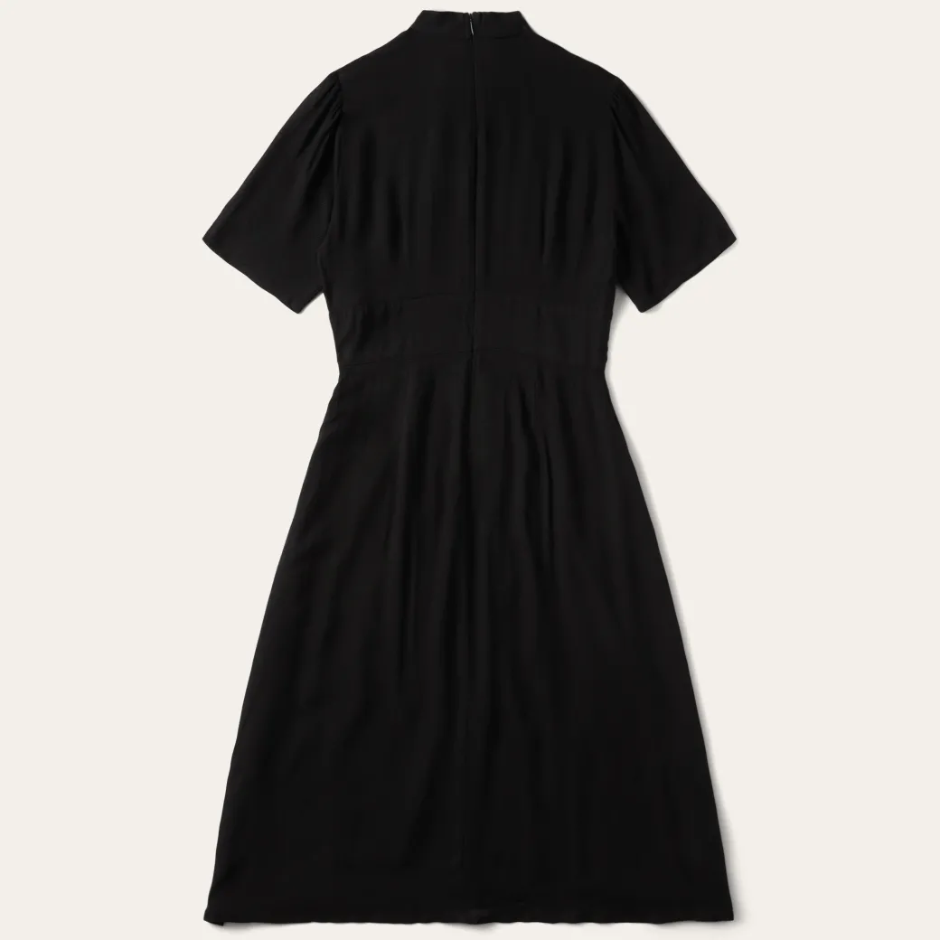 Black Herringbone Twill Midi Dress