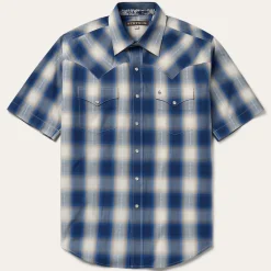 Blue Ombre Plaid Short Sleeve Western Shirt