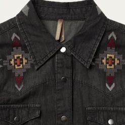 Embroidered Black Denim Shirt Dress